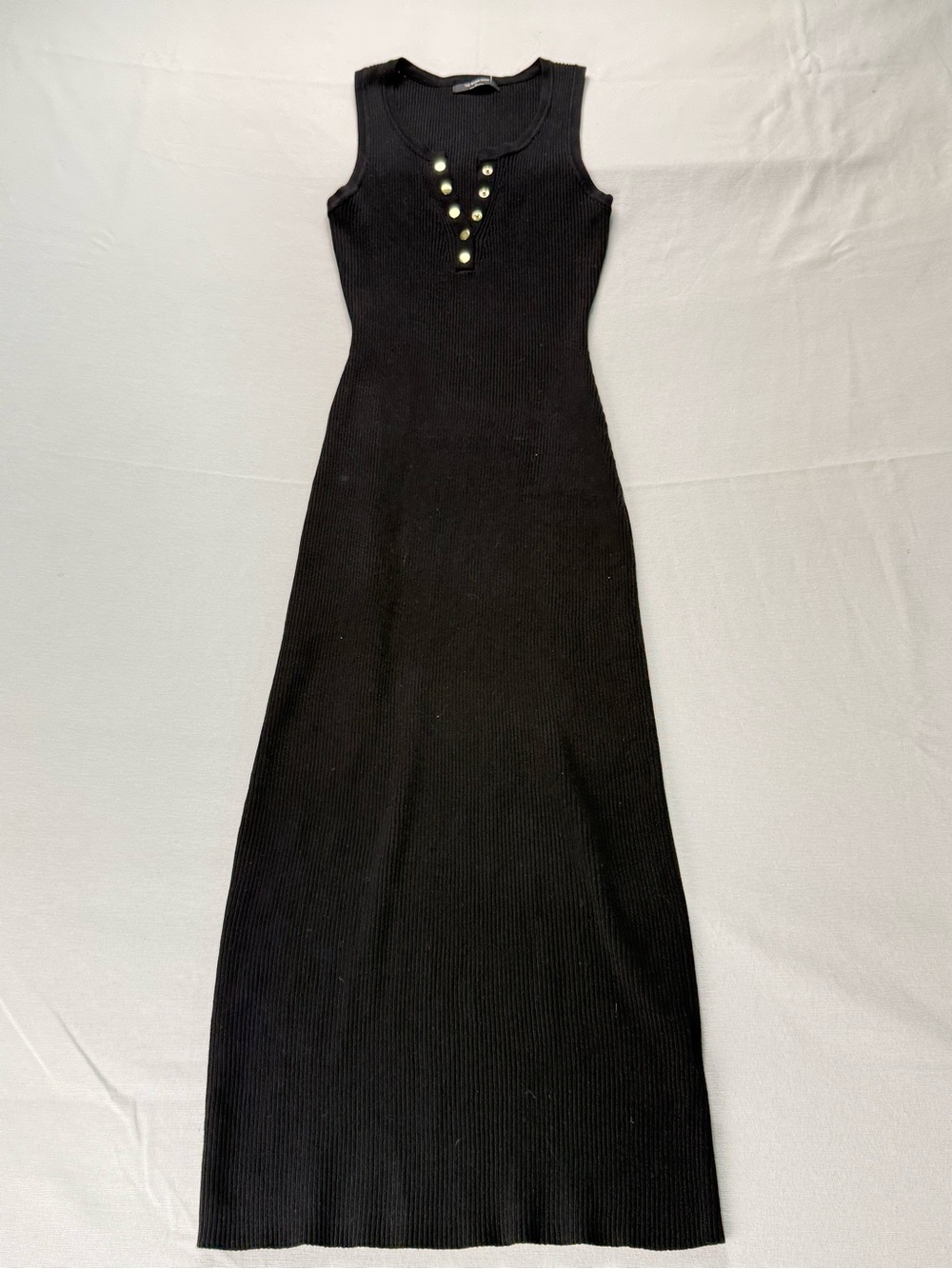 Workshop Republic Clothing Black Ribbed Midi Tank Dress with Gold Buttons